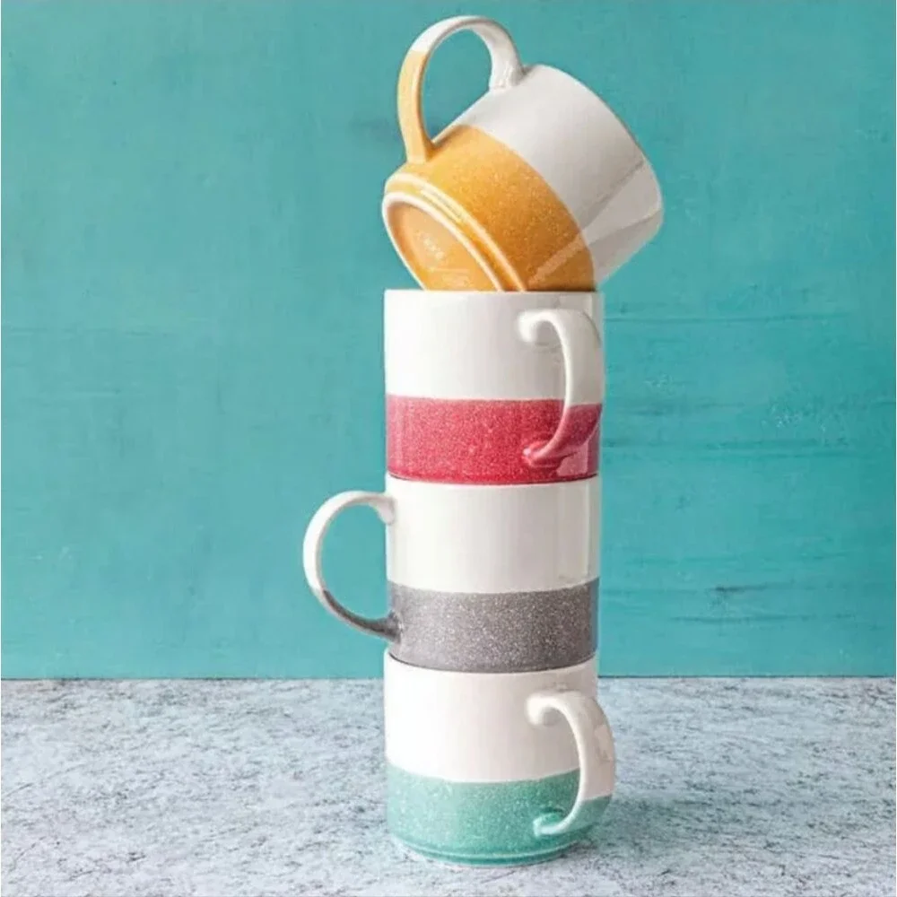 Over Back 4-pc Stoneware 16.9oz Large Size Mug Set Stackable Hot Chocolate Mugs